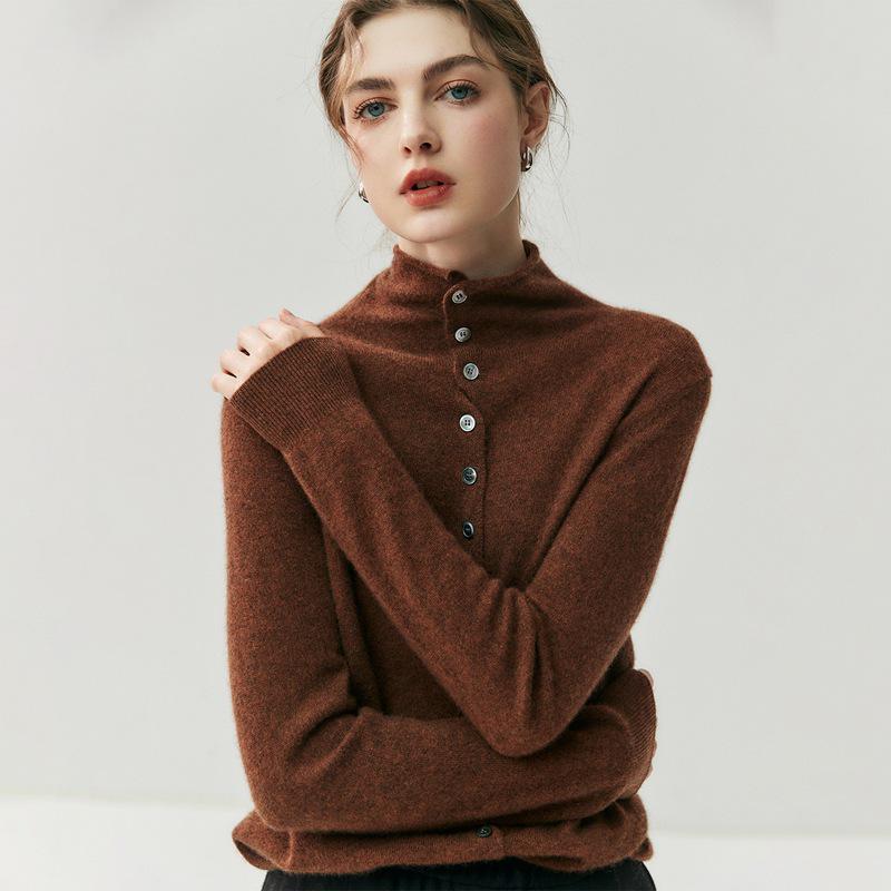 Women's Minimalist Rolled-Edge Cashmere Sweater - Semi-High Neck, Loose Fit, Slimming, Long Sleeve Knitted Base Layer