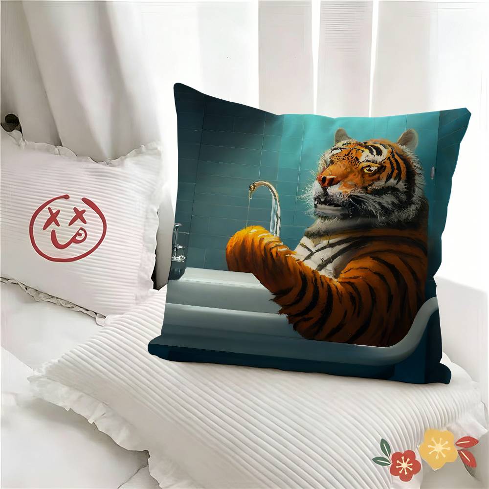 pc Colorful Bathtub Animal Tiger Pillow Case Fashion Square Pillowcase Bedroom Sofa Room Ins Decoration Leisure