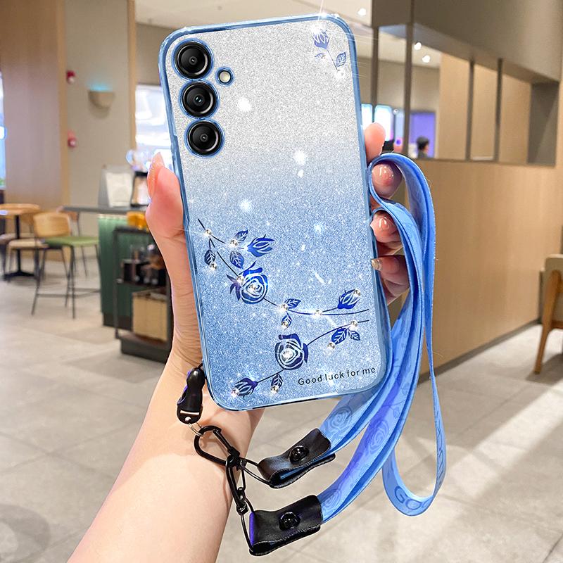 For Samsung Galaxy A35 5G Cell Phone Case Rhinestone Glitter Drop-proof TPU Cover with Strap