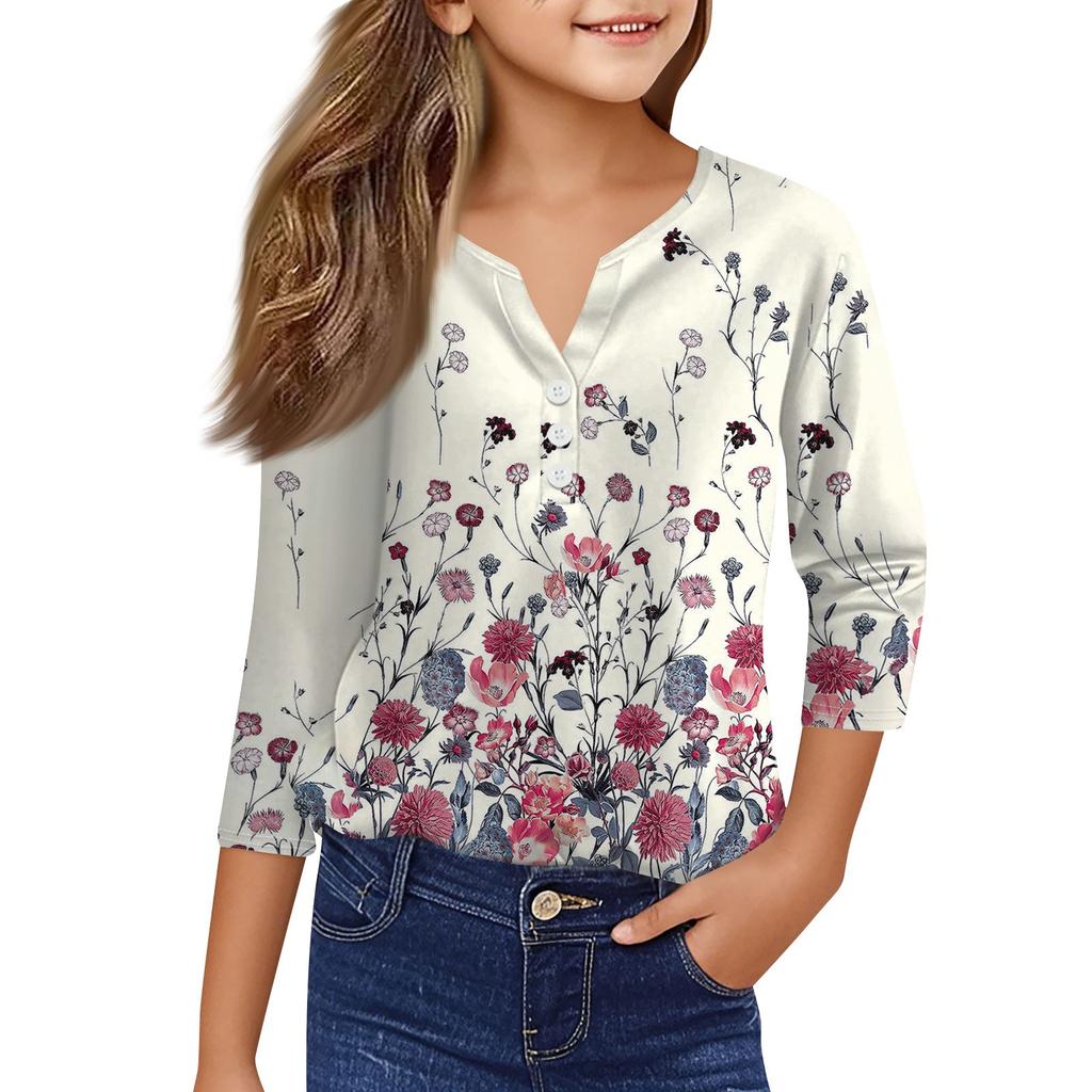 Повседневные модные топы для девочек с принтом, футболка с семью рукавами и пуговицами