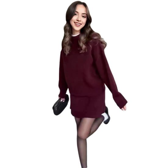 Комплект из 2 предметов: свитер, юбка, свитер, О-образный вырез, длинный рукав, трикотажные топы, мини-юбка А-силуэта средней посадки, однотонный повседневный наряд