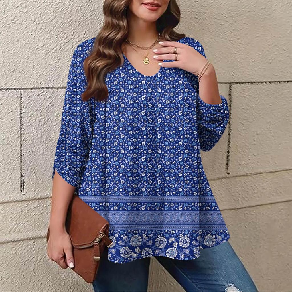Women's Plus Size Fashion Printed Casual Pleated Round Neck Long Sleeve Top