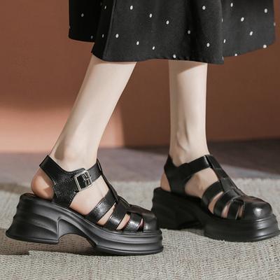 Босоножки Baotou женские новые женские туфли на толстом каблуке и высоком каблуке, ретро, полые плетеные туфли-клетка из свиной кожи