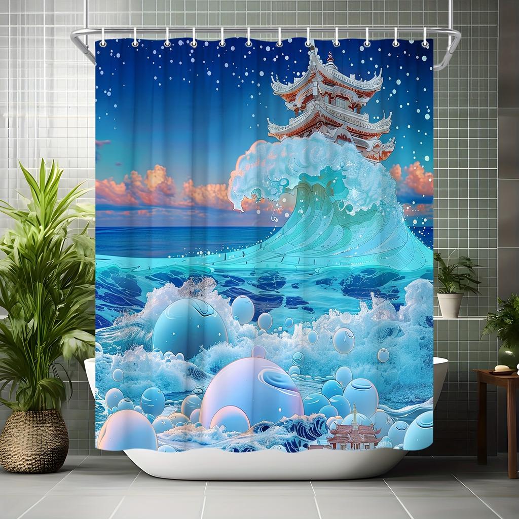Шторка для ванной Ocean Fantasy Pagoda - Величественные Волны и Пузыри, Водонепроницаемый Декор для Дома Добавляет Мистической Красоты Вашей Ванной Комнате