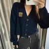 Пальто из темно-синей шерсти Nanyou - Серия Miu: Вышитый кардиган с V-образным вырезом, вязаный топ для женщин, весенняя коллекция