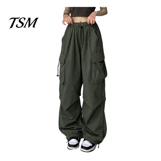 Trousers Women Cargo Pants Hip Hop Baggy Solid Color Multi Pockets Elastic Waist Match Top Loose Breathable Lady Clothes