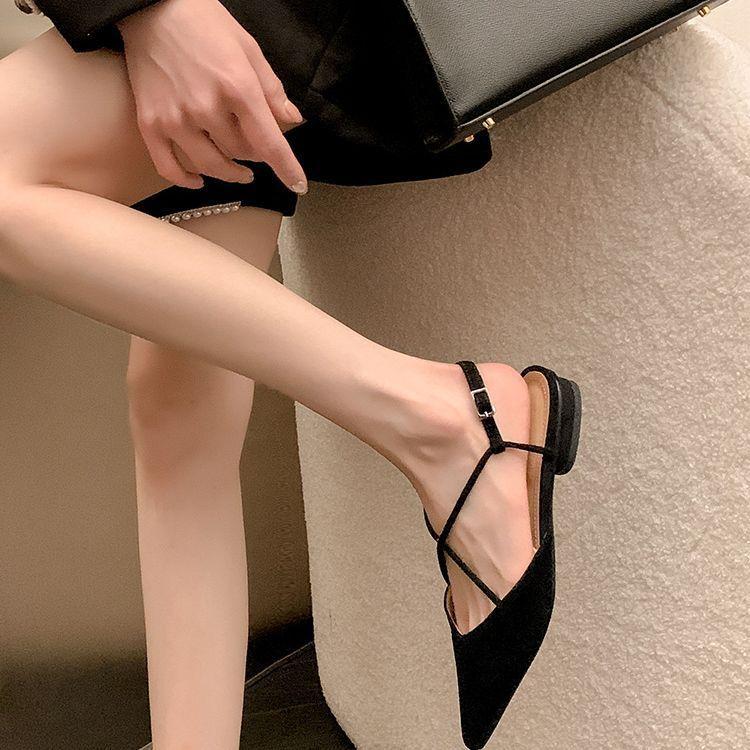 Sexy bag head silver sandals women's 2025 summer French cross-strap empty flat heel single shoes light mouth pointed flat shoes