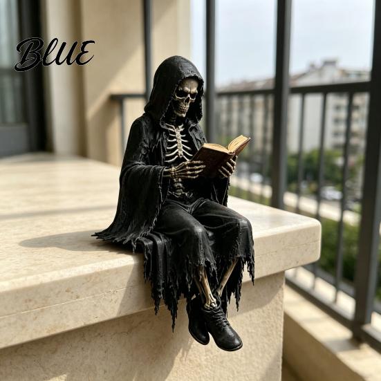 Декор в индустриальном стиле Сидящий скелет Закладка для книг Украшение Матовый черный Темная фигура с капюшоном Книга