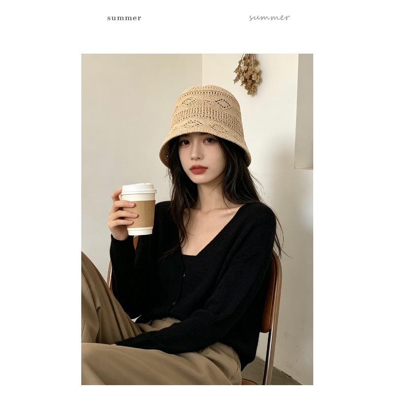 Women S Knitted Hollow Bucket Hat Summer Breathable Sun Shade Hat