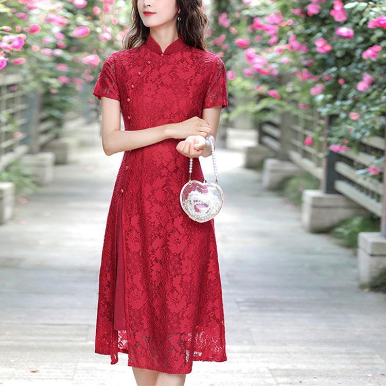 Кружевное повседневное платье Cheongsam средней длины Ao Dai, улучшенное тонкое платье в китайском стиле в стиле ретро