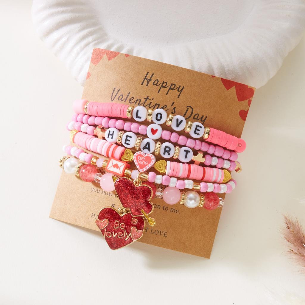 6Pcs/Set Romantic Love Heart Pendant Bracelets for Women Girls Cute Pink Soft Clay Beaded Bangles Valentine's Day Jewelry Gift