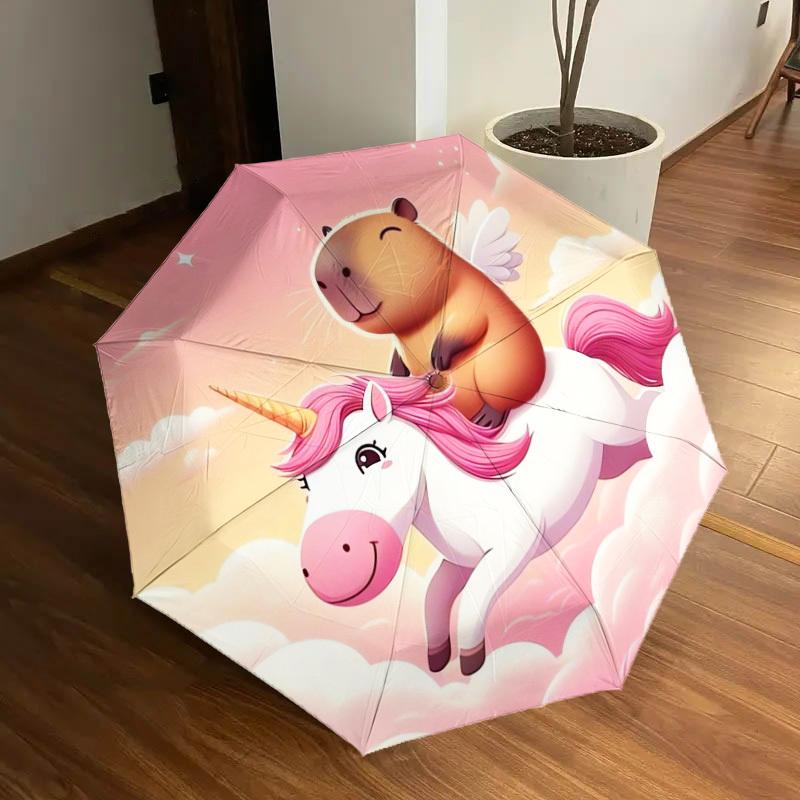 1pc Unicorn Capybara Ride Sky Umbrella with Plastic Handle,Suitable for All Seasons Home Travel Outdoor UmbrellaDD187