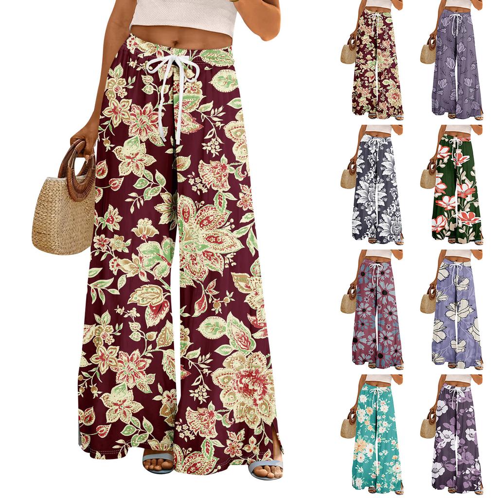Женские летние брюки-палаццо в стиле бохо с высокой талией, широкие повседневные брюки с цветочным принтом и карманами