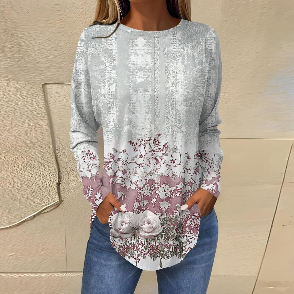 Женская свободная футболка с длинным рукавом с круглым вырезом и принтом, верхний пуловер