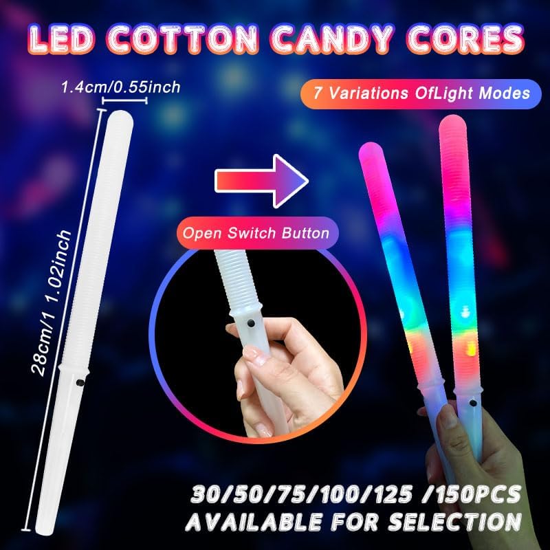 10 Pcs LED Cotton Candy cones,Glowing Cotton Candy Sticks, Cotton Candy Holder Reusable and Waterproof, Suitable for Christmas Party Colorful