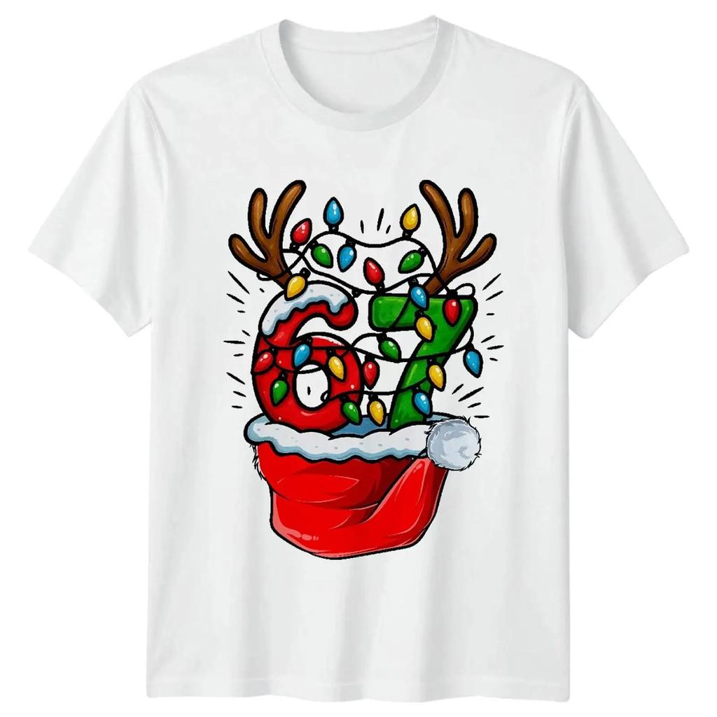 Six Seven 67th Birthday Christmas Lights Reindeer Hat T Shirt Vintage Slightly Versatile Homme Soft Unisex Streetwear