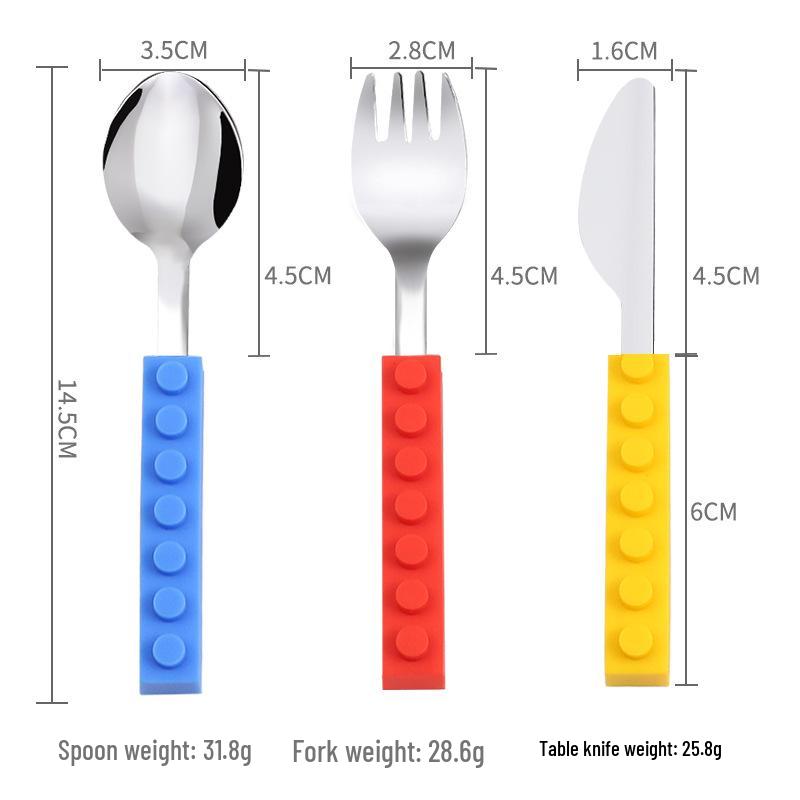 Stainless Steel Children's Tableware Set: Silicone Spoon, Baby Block Knife, Fork & Spoon (3-Piece)