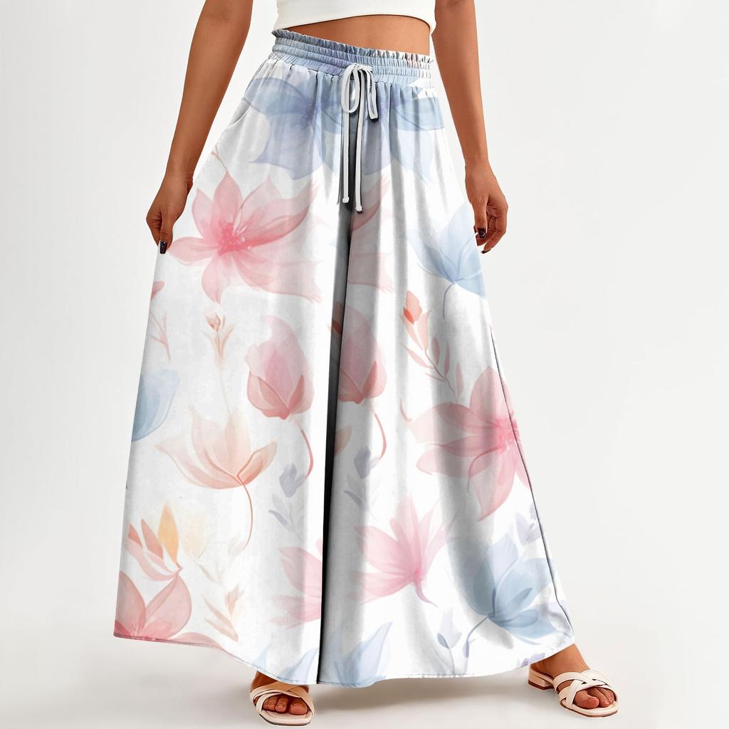 Женские широкие брюки с высокой талией, летние повседневные струящиеся брюки-палаццо, пляжные брюки с цветочным принтом и карманом