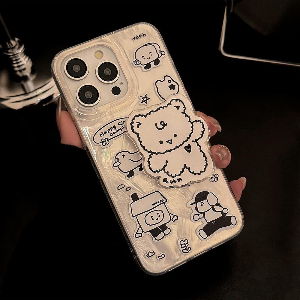 Simple Ins Sticker Wind Bear Stand Mobile Phone Case Apple 15 Promax for IPhone 13/16 Feather Yarn