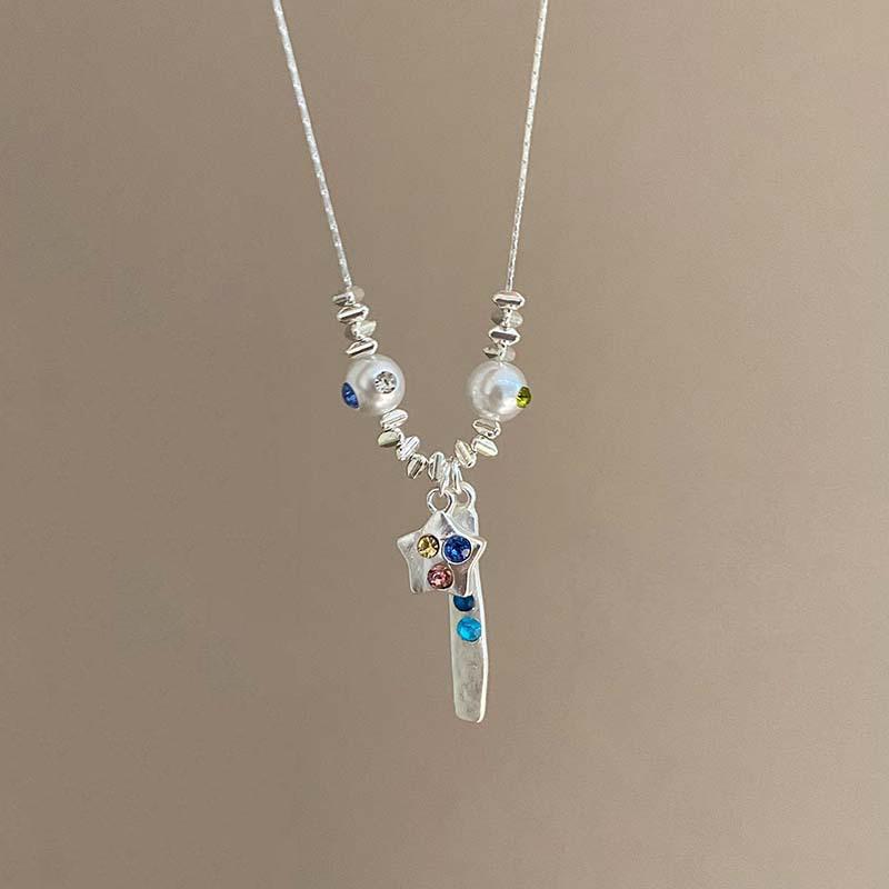 Aesthetic Colorful Rhinestone Star Pendant Silver Color Pearl Necklace for Women Beaded Neck Chain Jewelry Accessories
