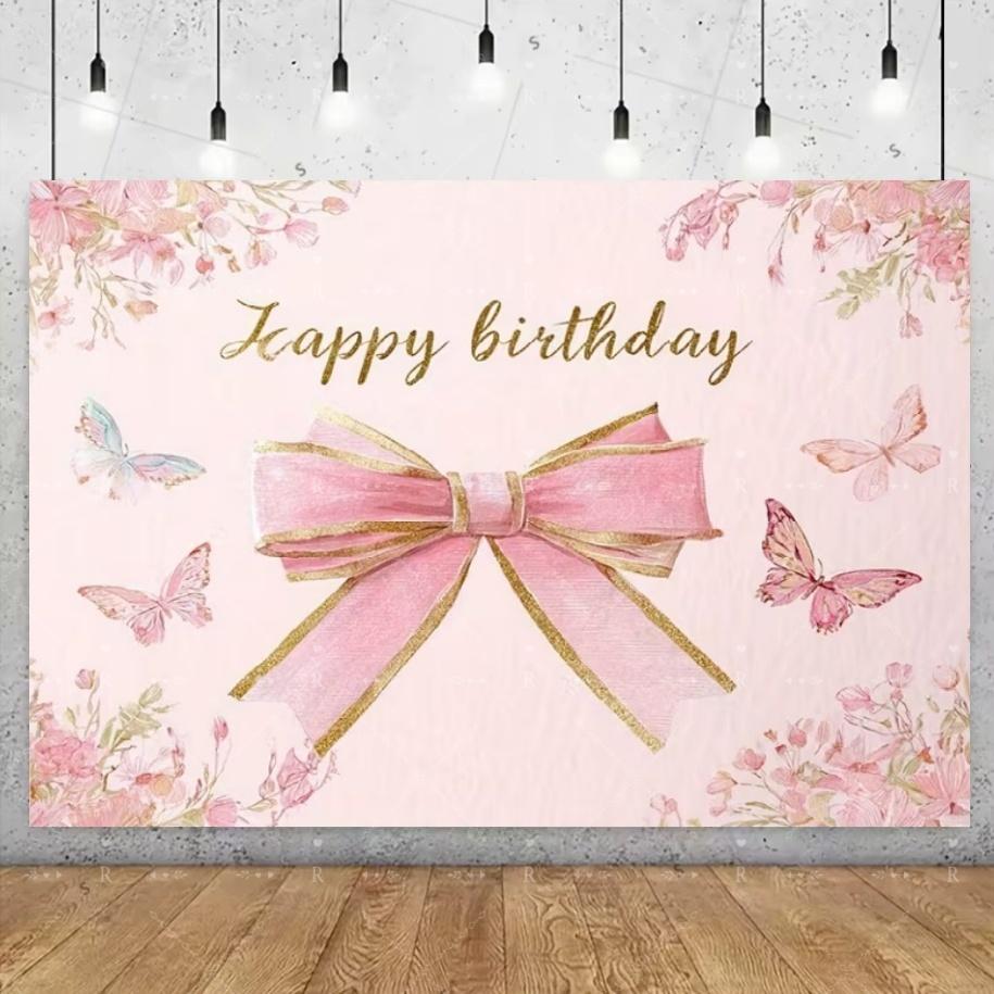 Pink Bow Theme Birthday Party Decoration Banner Girl Butterfly Bow Balloon Flowers Background Baby Shower Photo Supplies Gifts