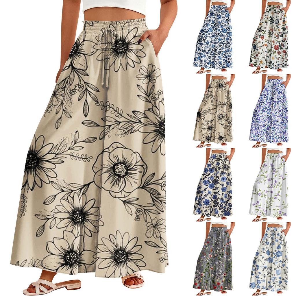 Women's Palazzo Pants Boho Floral Wide Leg Trousers Summer Beach High Waisted Flowy Pants With Pockets