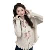 3D Flower Women's Sweater Bow Heart-shaped Button Round Collar Long Sleeved Ruffled Cardigan French Style Autumn New Version Lady Tops