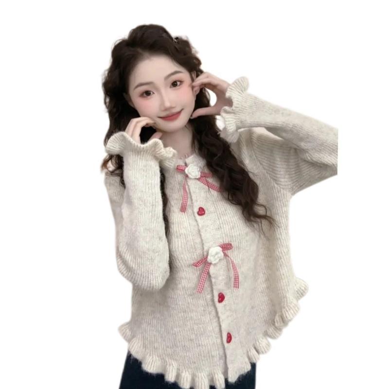 3D Flower Women's Sweater Bow Heart-shaped Button Round Collar Long Sleeved Ruffled Cardigan French Style Autumn New Version Lady Tops
