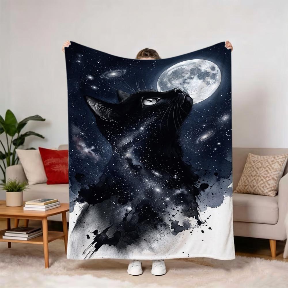 Black And White Cat Full Moon Garden Floral Blanket Romantic Wildlife Print Soft Cozy Home Sofa Bed Blanket