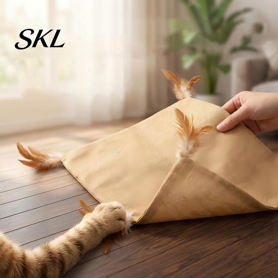 Scratch Proof Cat Accessories Crinkle Mat Toy, Square Linen Play with Feathers, Interactive Toys for Cats And Humans Foldable Scratcher Indoor Kitten