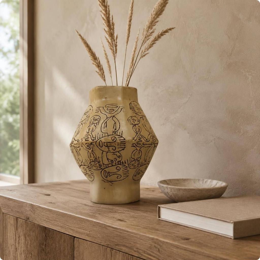 Hand Painted Emblem Vase Wabi Sabi Carved Resin Vase Decorative Object Vintage Look Home Decor Long-Lasting for Living Room