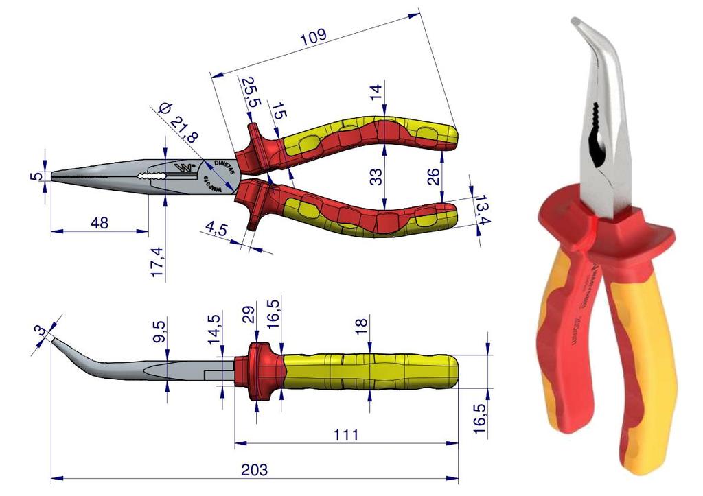 Szczypce Izolowane, Wydłużone Wygięte 200 Mm. Vde. Waryński
