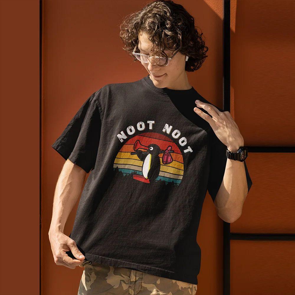 Pingu Noot Black Short Sleeved Graphic Tee Penguin Character Catchphrase Noot Noot Print Cartoon Top Casual Loose Wear Unisex