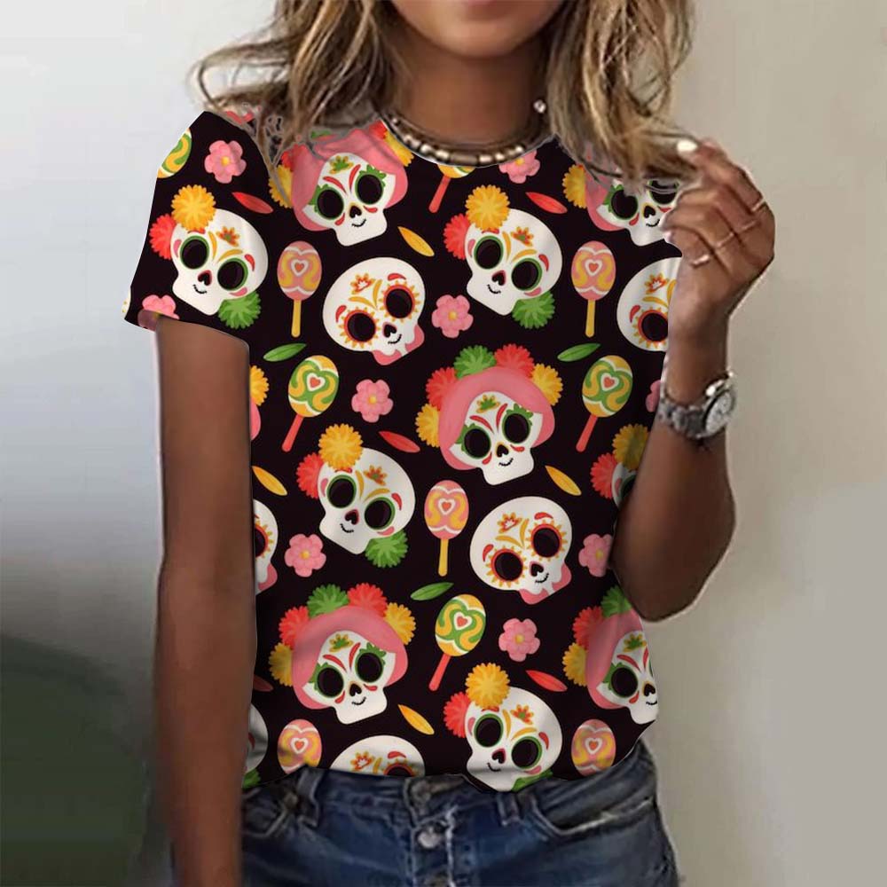 Summer Round Neck 3D Colorful Skull Pattern Print Top Fashionable Casual Short Sleeved Women's T-shirts