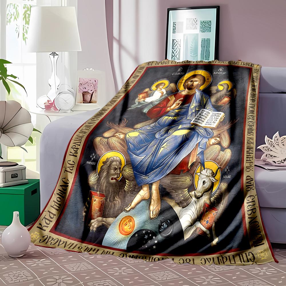 Christ icon surrounded by four creatures Faith-printed Flannel Blanket Soft Warm Suitable for Home Travel Picnics Camping RV