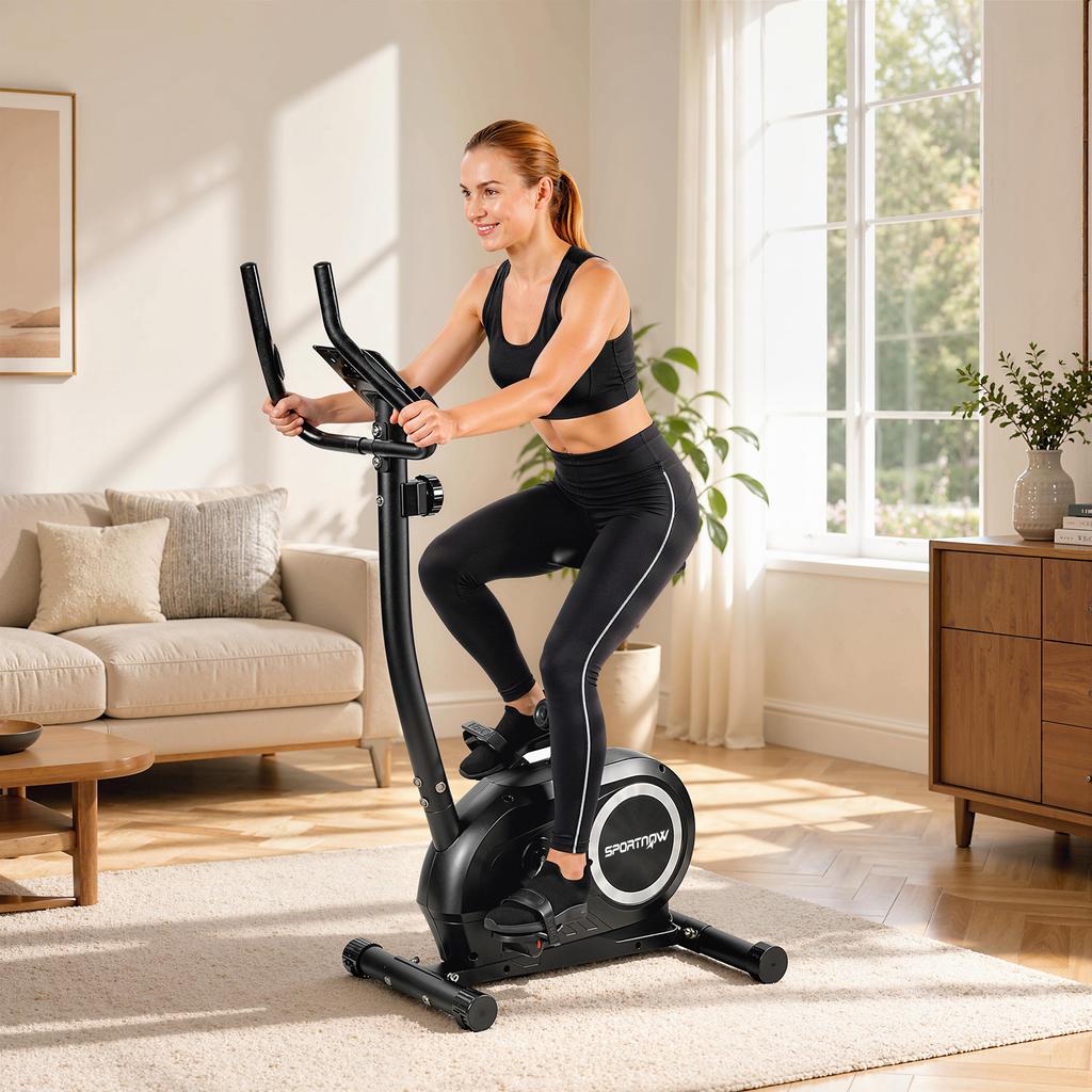 Exercise Bike Height-Adjustable Home Trainer with App Magnetic Resistance LCD Monitor Pulse Sensors Phone Holder