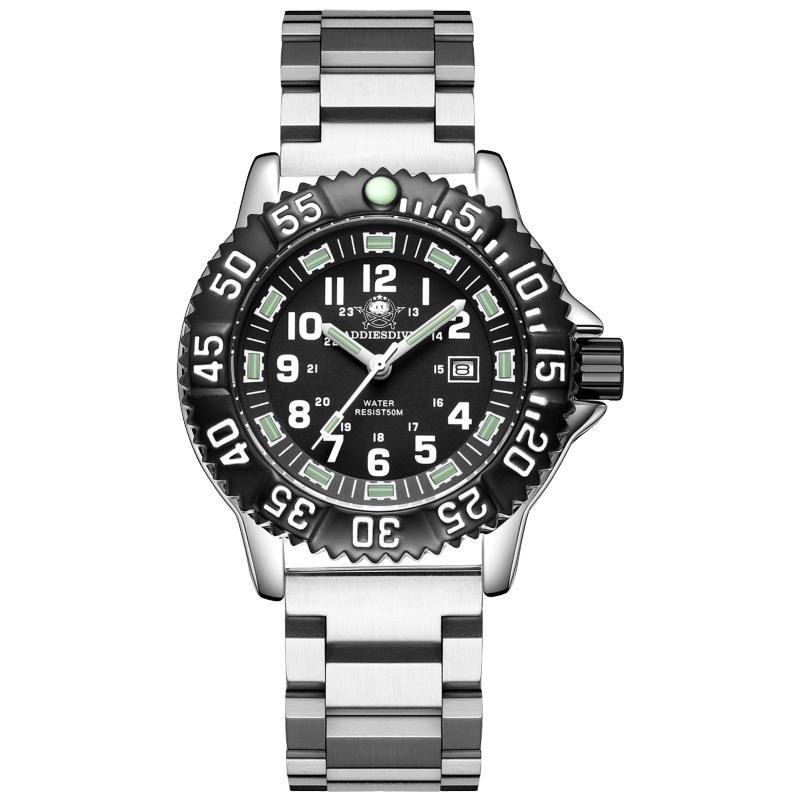 ADDIESDIVE Men's Quartz Watch Silver Steel Belt Wristwatches Vintage 50M Waterproof Super Luminous Watches High Quality relogio