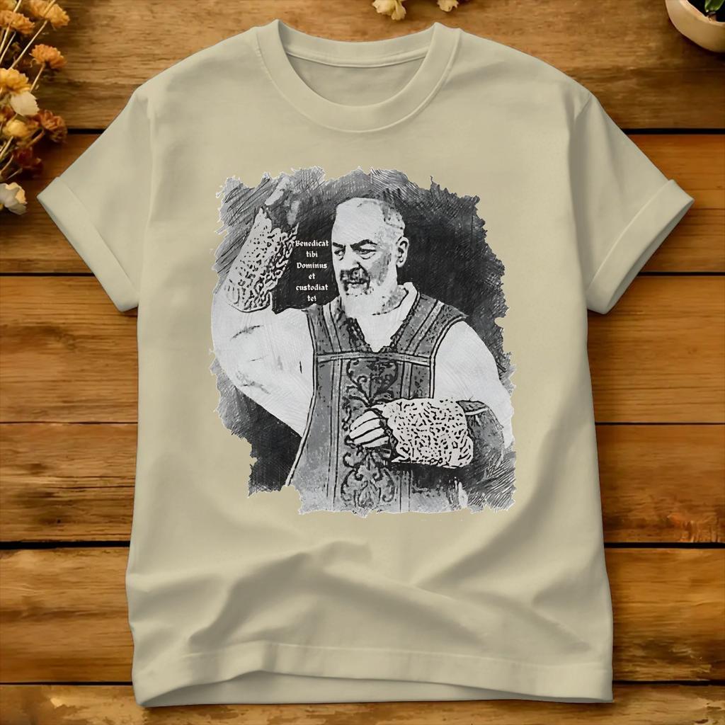 Padre Pio Transparent Background T Shirt Summer Cotton T Shirts For Couple Custom Logo Tee Shirt Short Sleeve Y2k Funny Tops