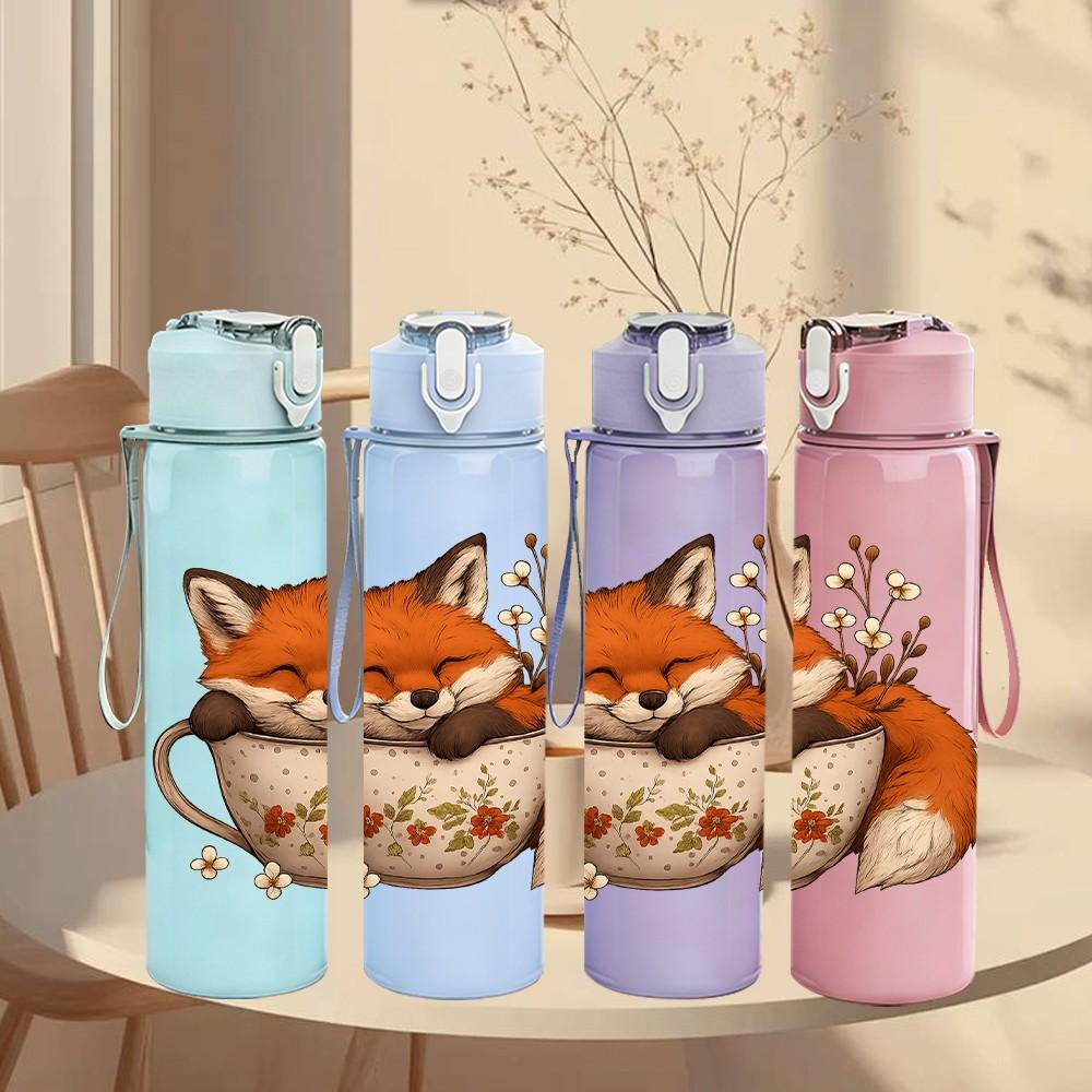 1PC Fox Teacup Autumn Print 750ml Color Plastic Sports Water Bottle Leakproof Flip Straw Lid Suitable for Sports Office Home Use