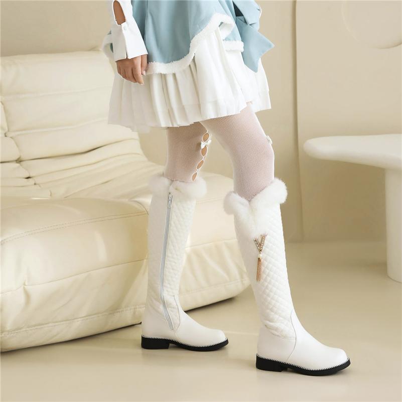 Женские сапоги до колена с круглым носком на плоской подошве, высокие сапоги на молнии с металлическими украшениями и заклепками, женская модная обувь, зимняя обувь 43