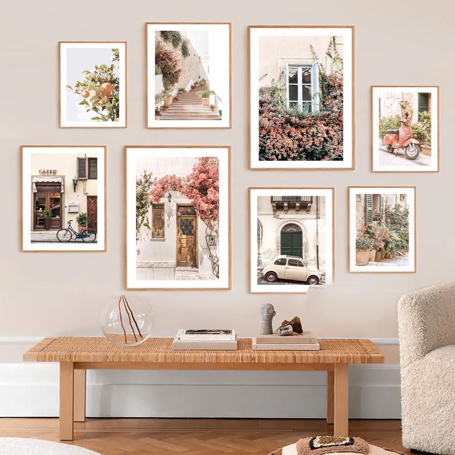 Ретро город цветок вид на улицу автомобиль мото велосипед подоконник настенные постеры художественная живопись на холсте и принты картина для декора гостиной