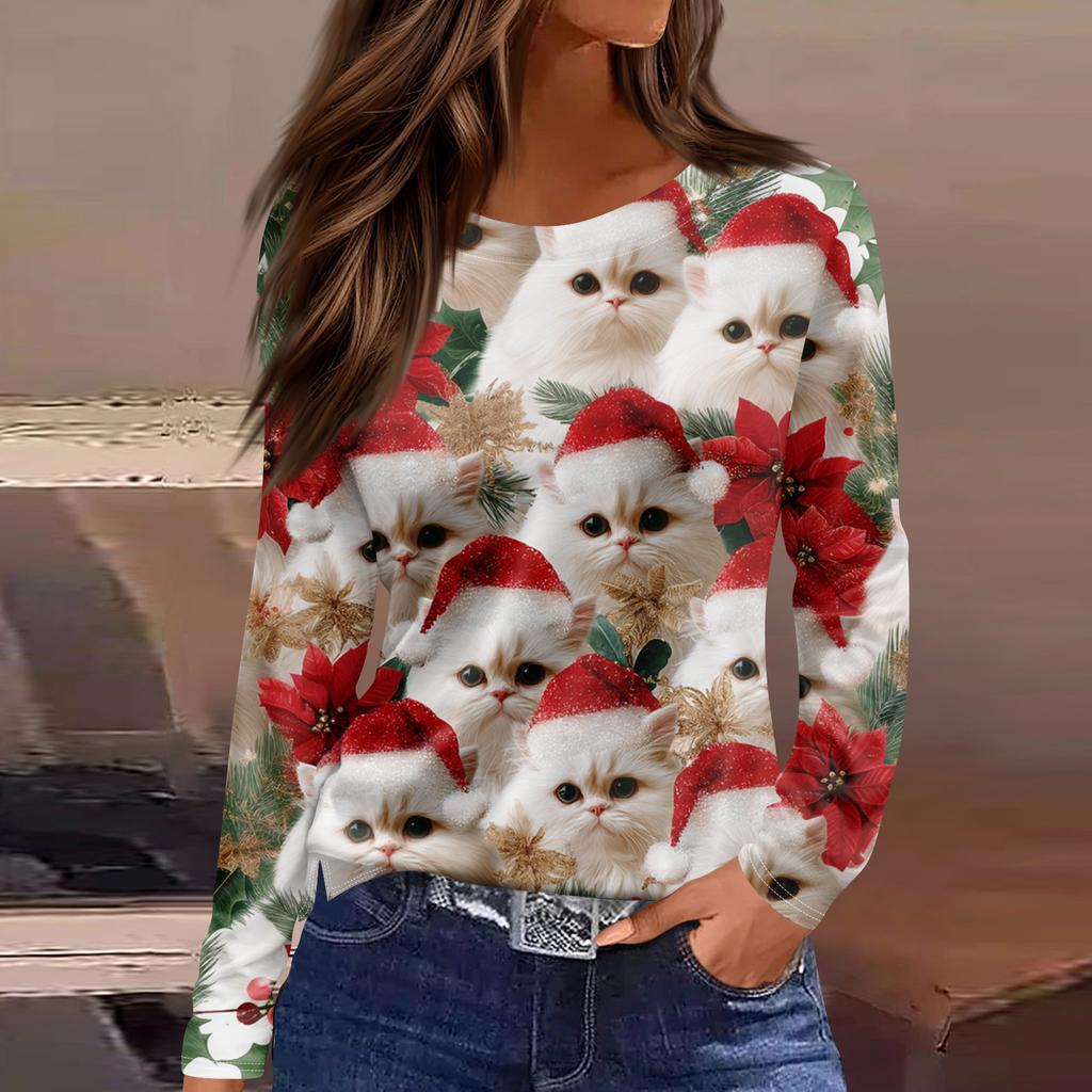 Women's Fashion Hem Slit Casual Christmas Printed Round Neck Long Sleeve Top