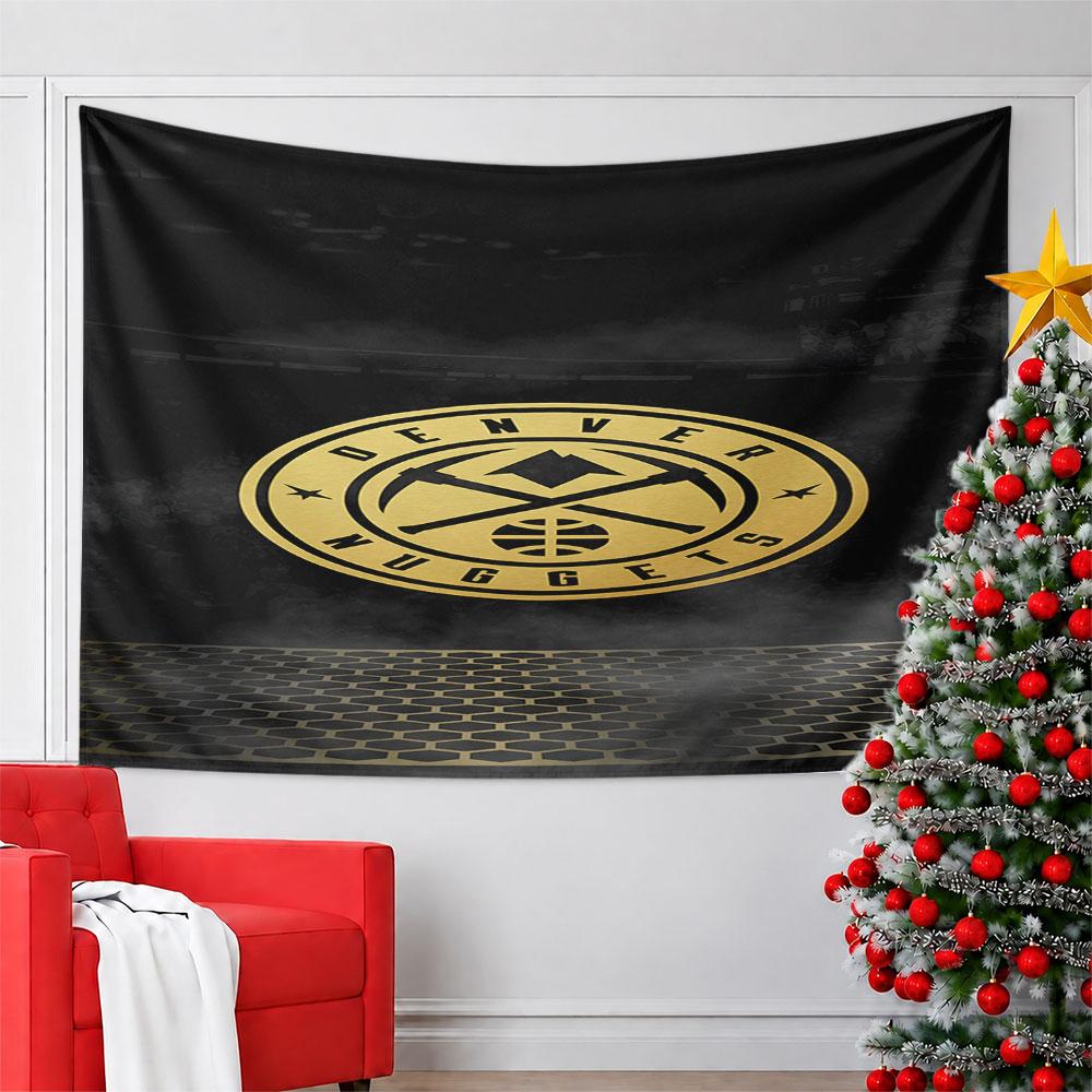 Denver Nuggets Logo on Black Background Pattern Wall Hanging Tapestry Decorative Tapestry Home Decor for Bedroom and Living Room
