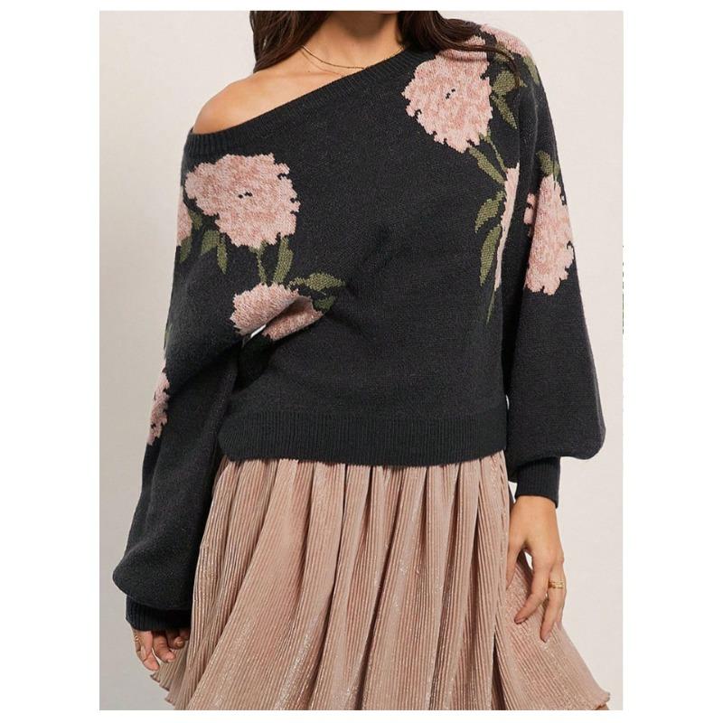 Women S Loose Round Neck Long Sleeve Knit Sweater Lazy Floral Pattern