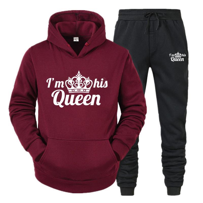 Спортивный костюм для влюбленных, толстовки с принтом QUEEN KING, толстовка для пар, одежда больших размеров с капюшоном, женские толстовки, комплект из двух предметов