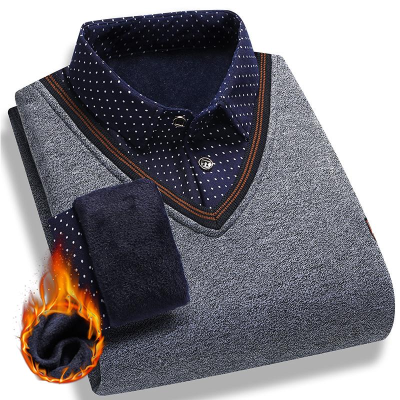 Мужской плюшевый свитер осень-зима пуловер с эффектом двухслойности воротник поло флис толстый теплый топ одежда повседневные джемперы