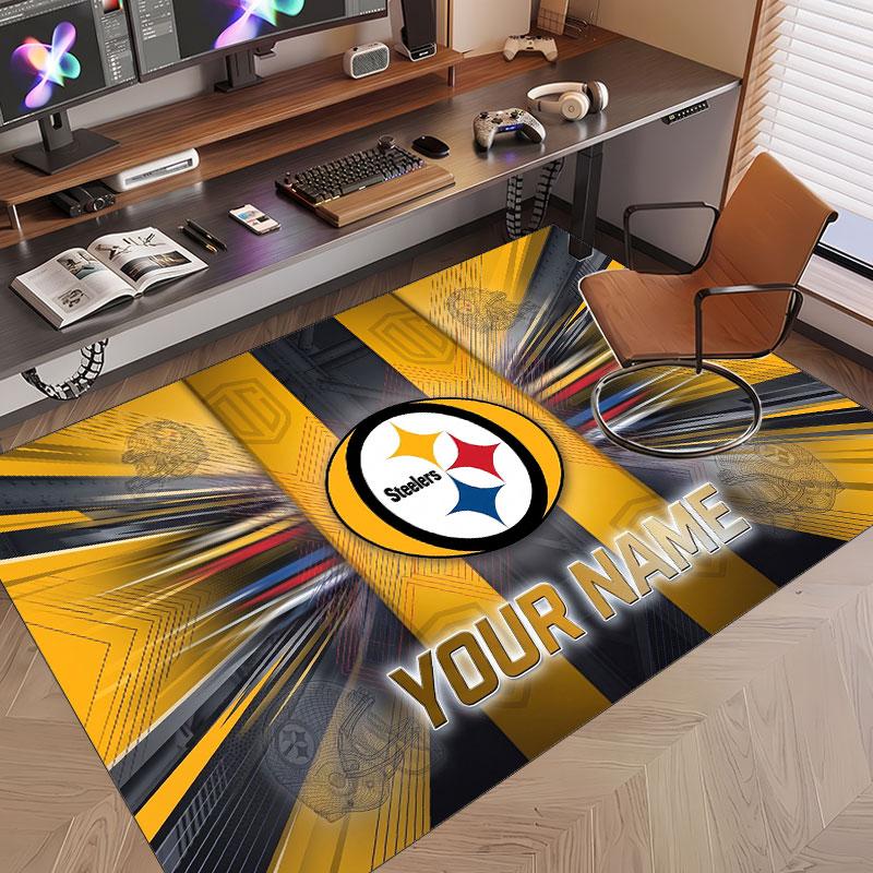 Custom Rug Pittsburgh Steelers Pattern Print Name Text Soft Non‑Slip Floor Carpet for Home Indoor Decoration