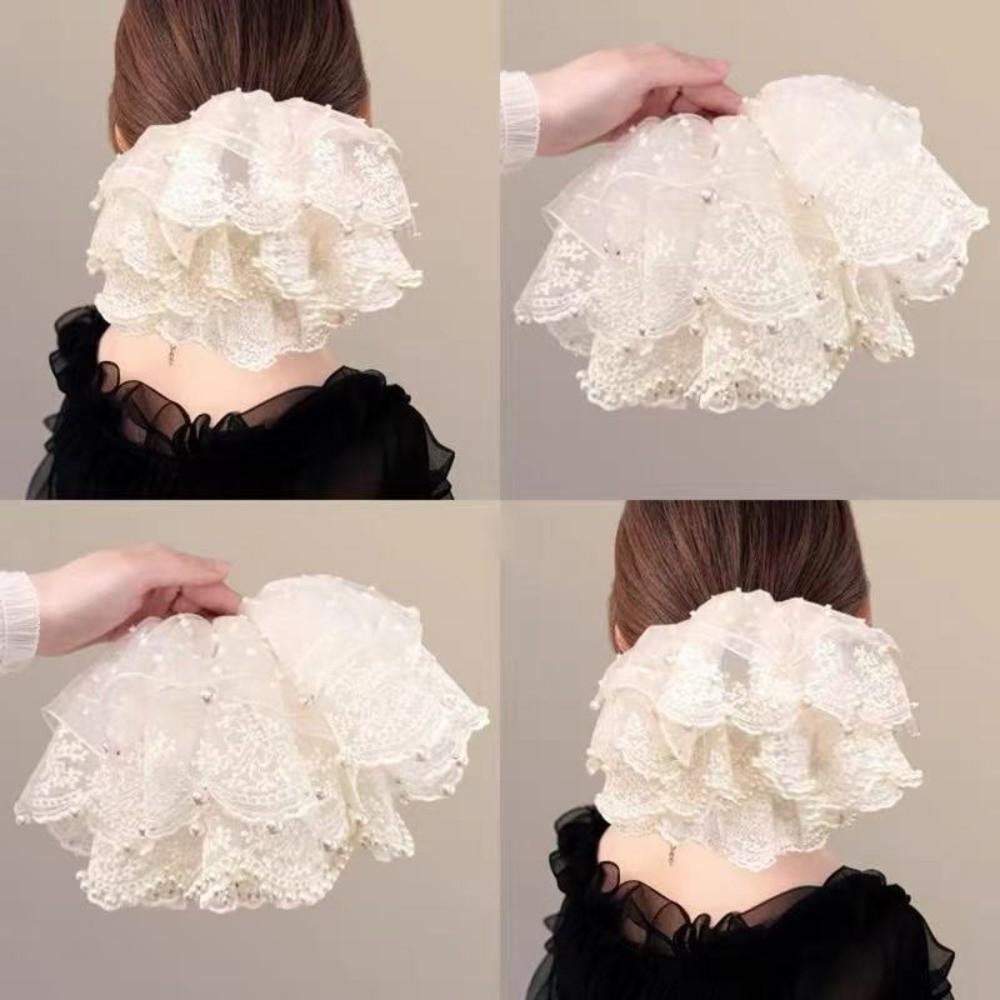 Elastic Pearl Lace Scrunchies Hair Bands Ponytail Holder Oversize Lace Hair Ties for Meatball Head
