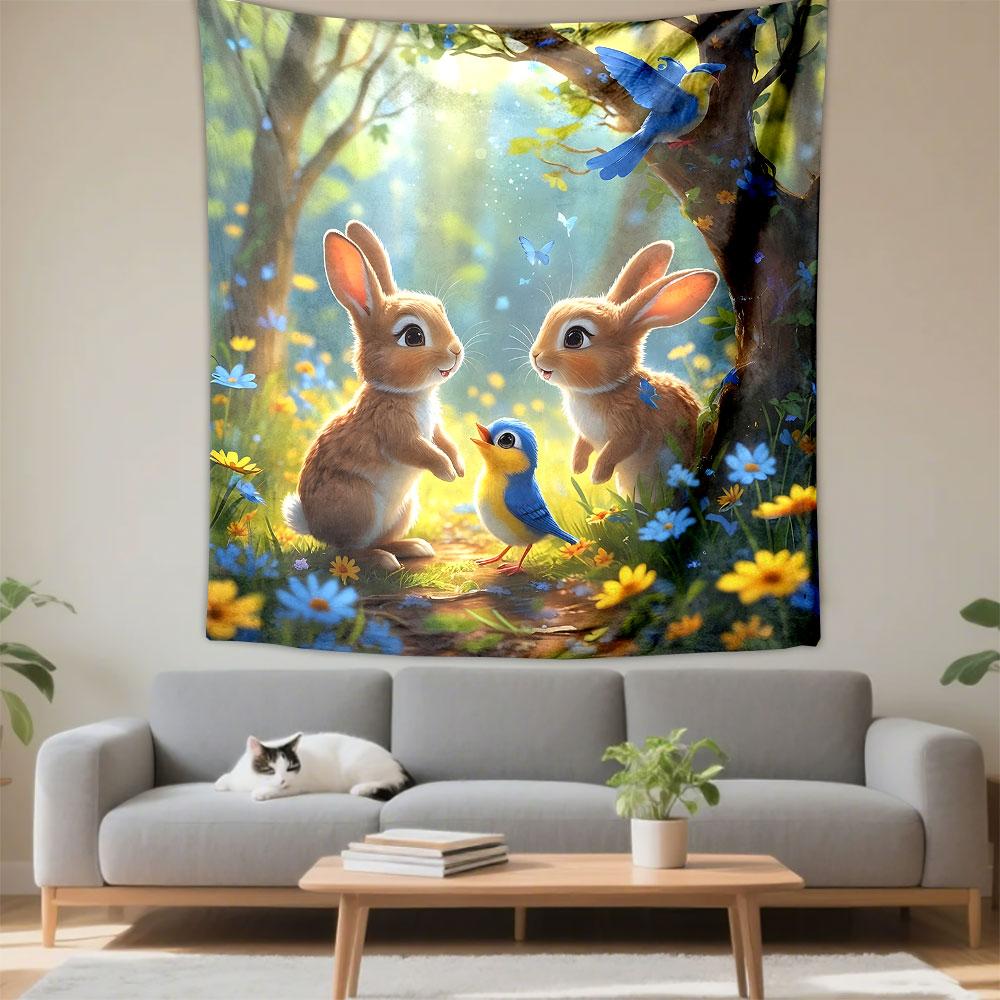 "Forest Bunnies and Bluebird Tale" Patterned Tapestry Decorative Wall Hanging, Home Bedroom Living Room Decor