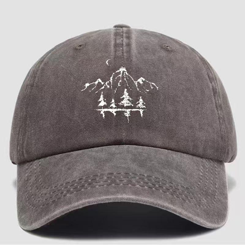 Retro washed baseball cap - Mountain Pine tree embroidery adjustable outdoor hiking hat, classic distressed design